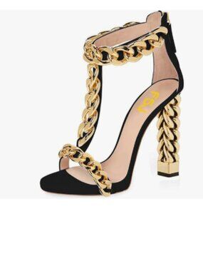 FSJ Black Sexy T-Strap Gold Metal Chain Chunky High Heel Sandal Open Toe Shoes